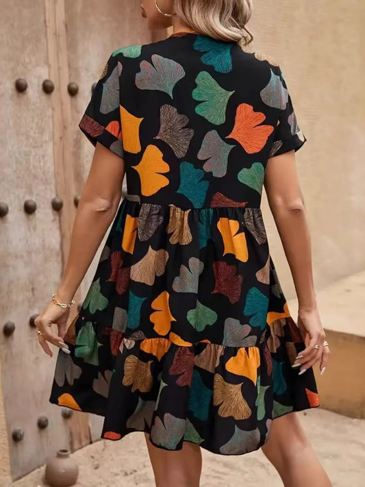 Printed V-neck Short Sleeve Boho Mini Dress - adritiX