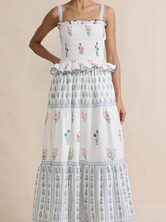 Bohemian Floral Print Smocked Tiered Maxi Dress - adritiX