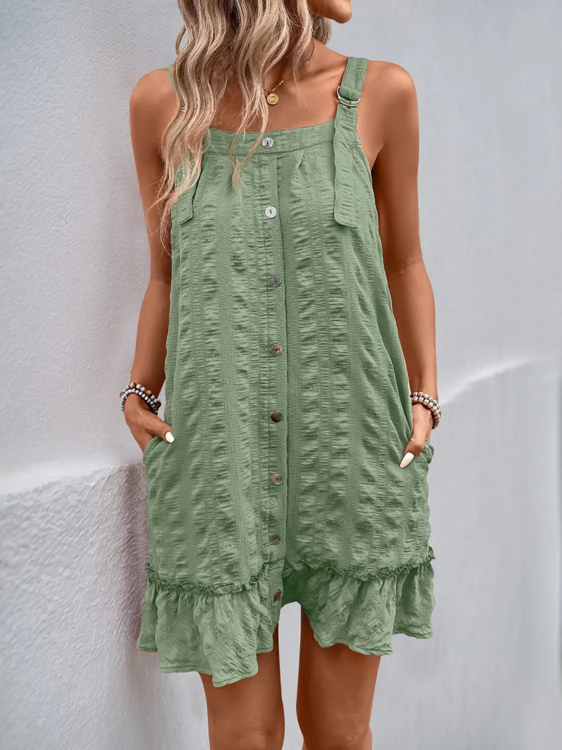 Ruffled Hem Adjustable Strap Square Neck Dress - adritiX