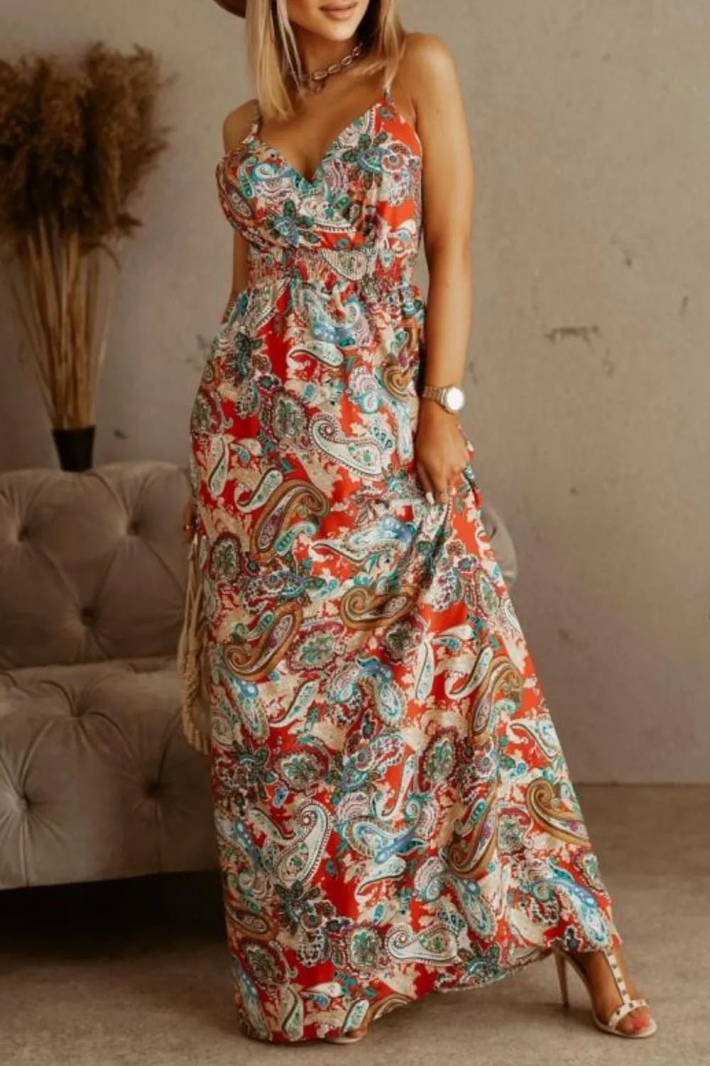 Printed Spaghetti Strap Maxi Dress - adritiX
