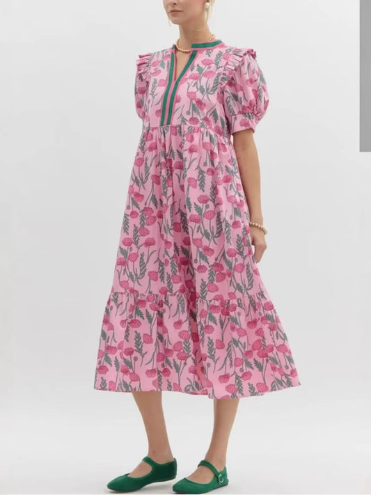 Elegant Floral Puff Sleeve Midi Dress with Contrast Trim - adritiX