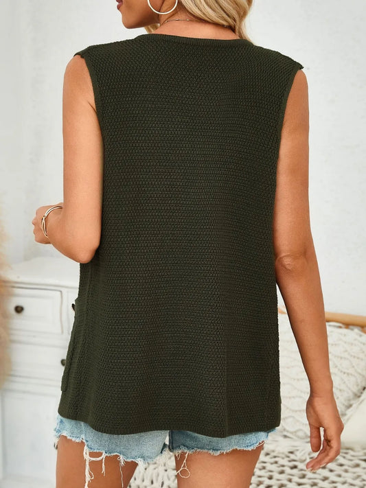 Button Down Round Neck Knit Vest - adritiX