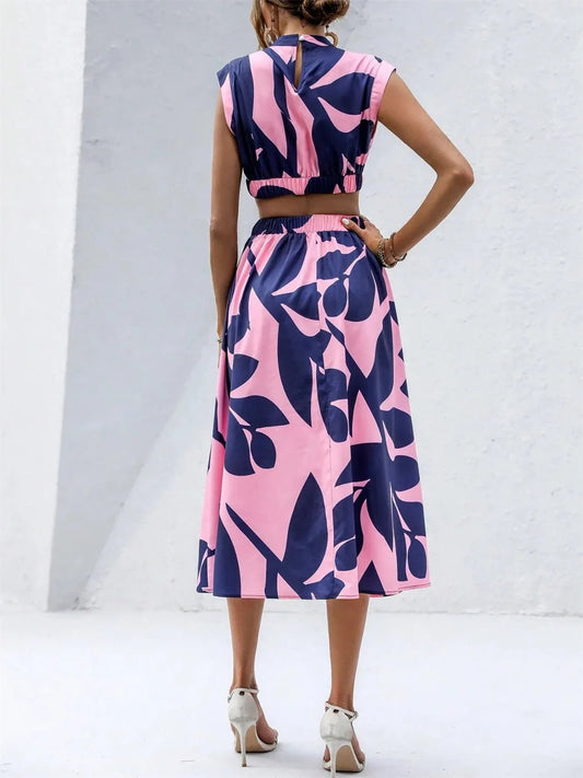 Cutout Printed Cap Sleeve Midi Dress - adritiX