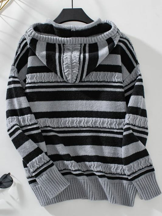 Drawstring Striped Long Sleeve Hooded Sweater - adritiX