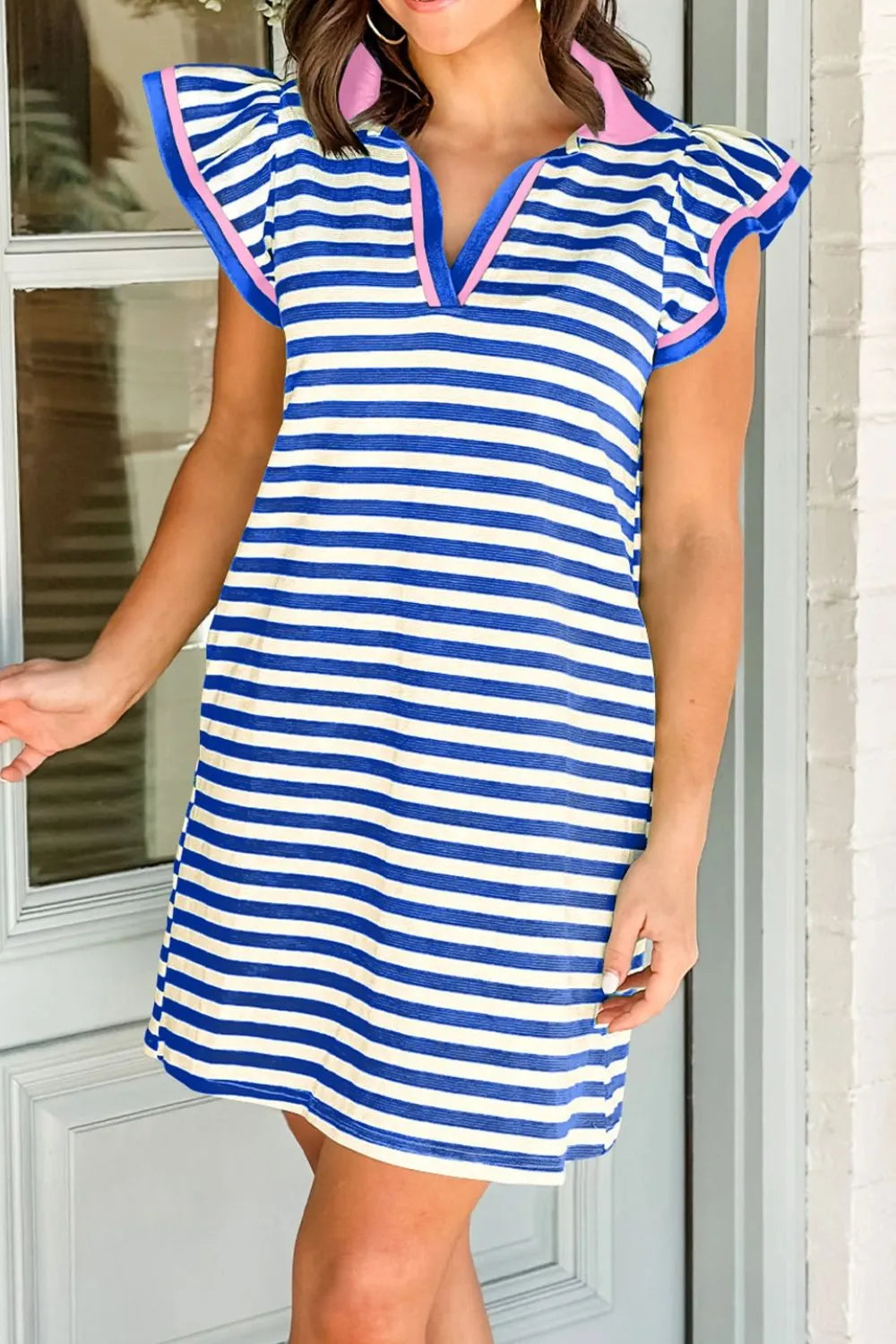 Elegant Stripe Print Contrast Collar Split Neck Flutter Sleeve Dress - adritiX