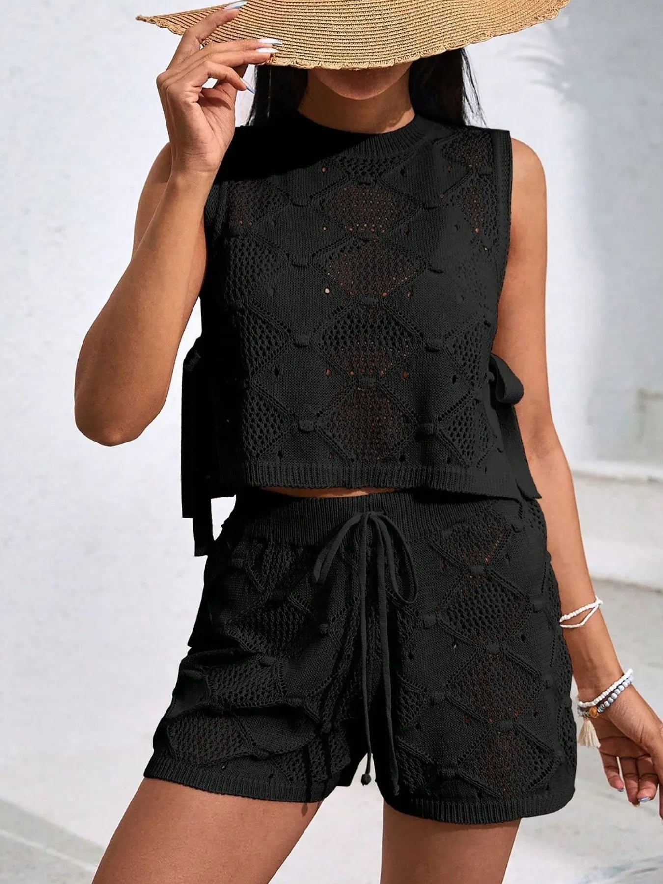 Diamond Pattern Sleeveless Top and Shorts Knit Set - adritiX