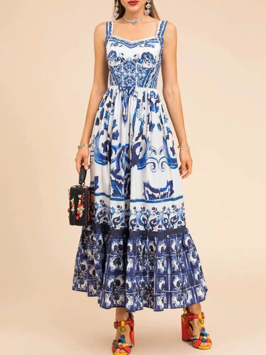 Smocked Printed Wide Strap Dress - adritiX