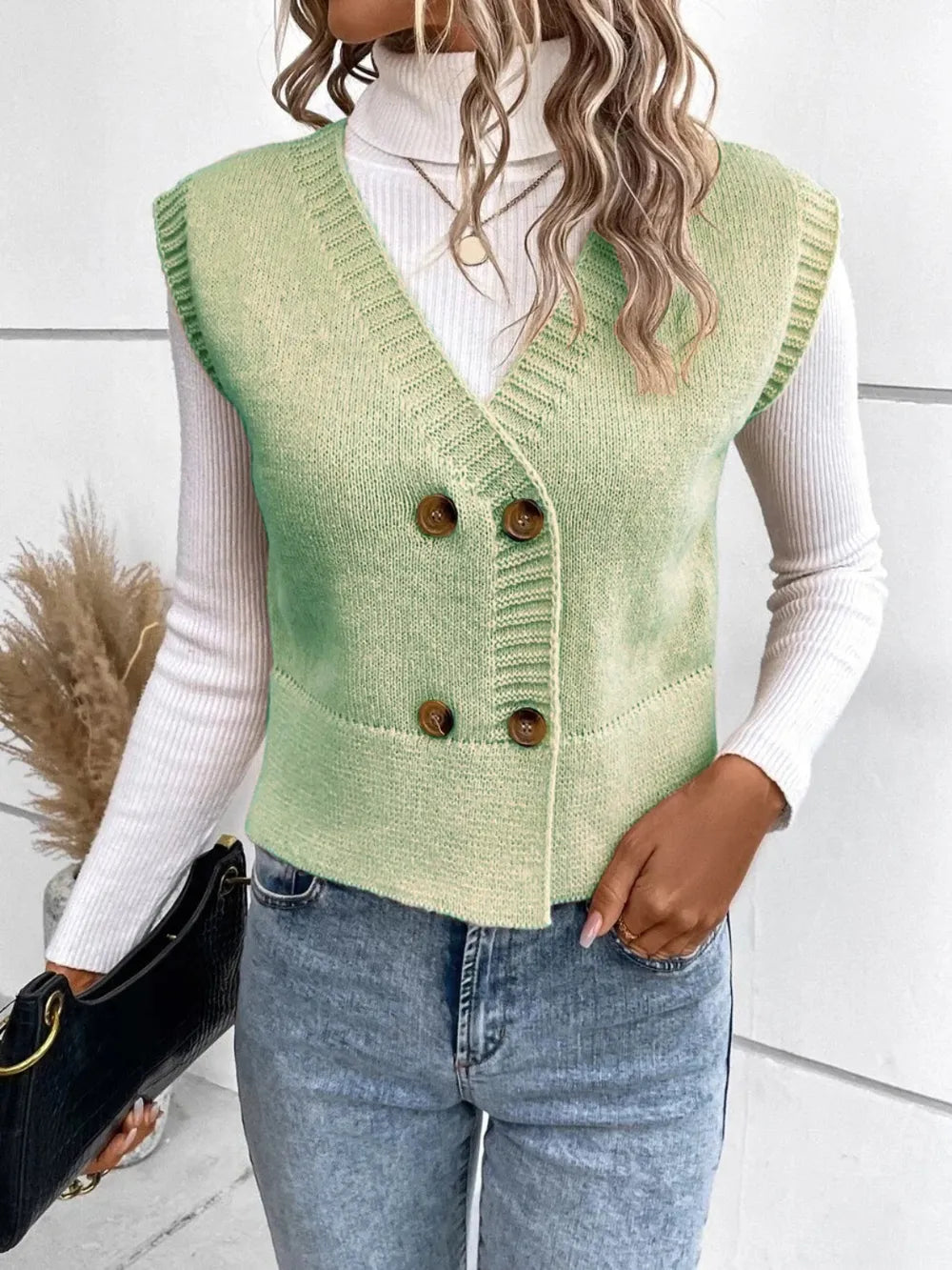 Full Size Button Up V-Neck Sweater Vest - adritiX
