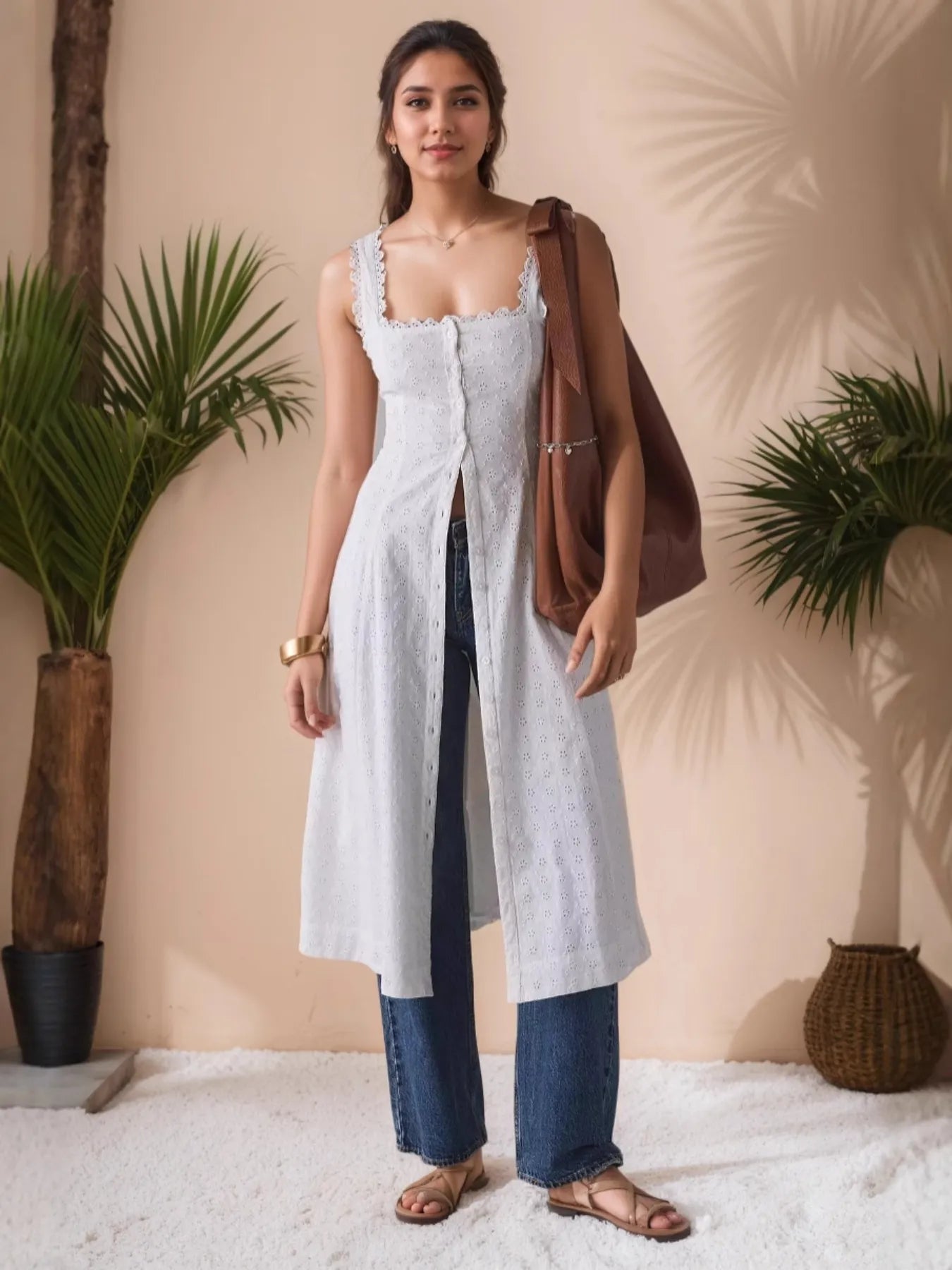 Lace Trim Button Front Square Neck Midi Dress - adritiX