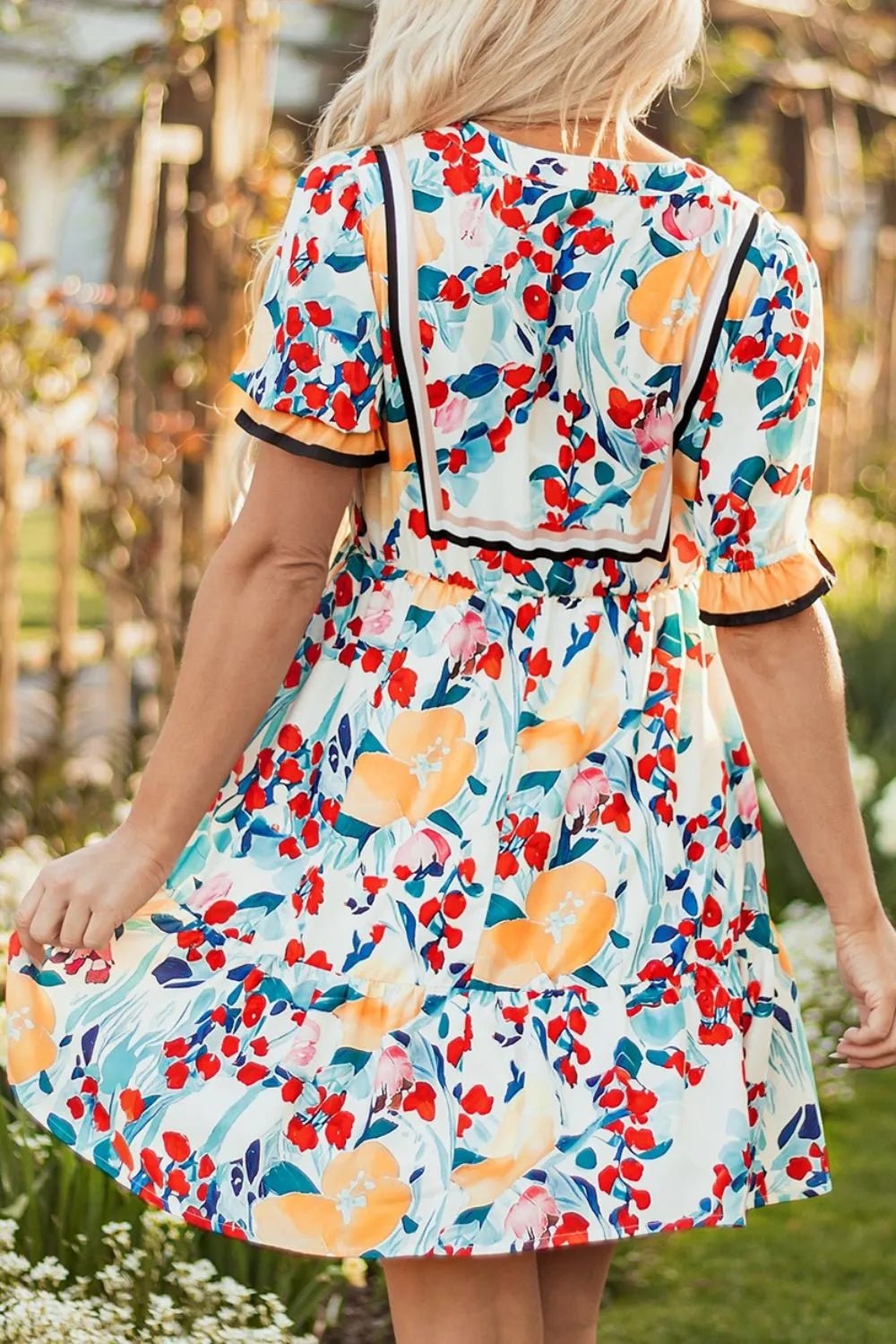 Floral Print Zipper Ruffled Short Sleeve High Waist Mini Dress - adritiX