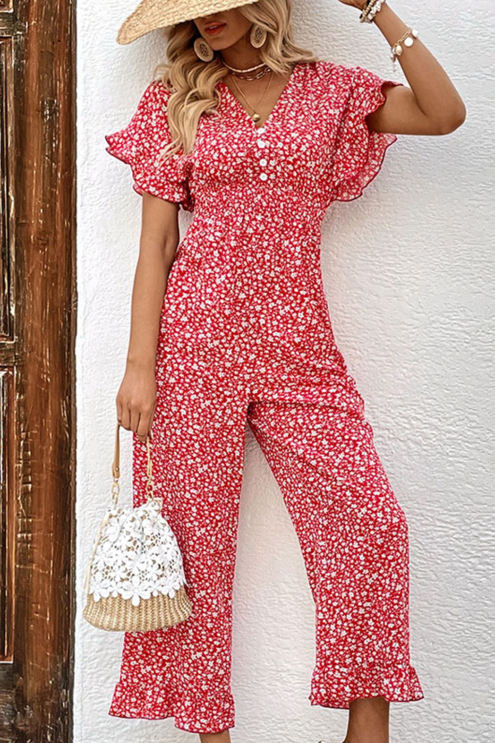 Elegant Perfee Printed Tie Back Ruffled Jumpsuit - adritiX