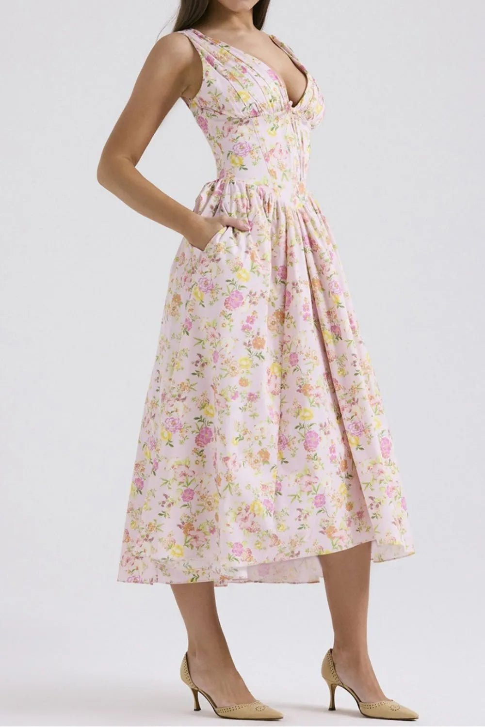 Floral V-Neck Sleeveless Midi Dress with Pockets - adritiX