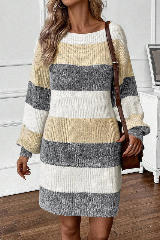 Color Block Boat Neck Long Sleeve Sweater Dress - adritiX