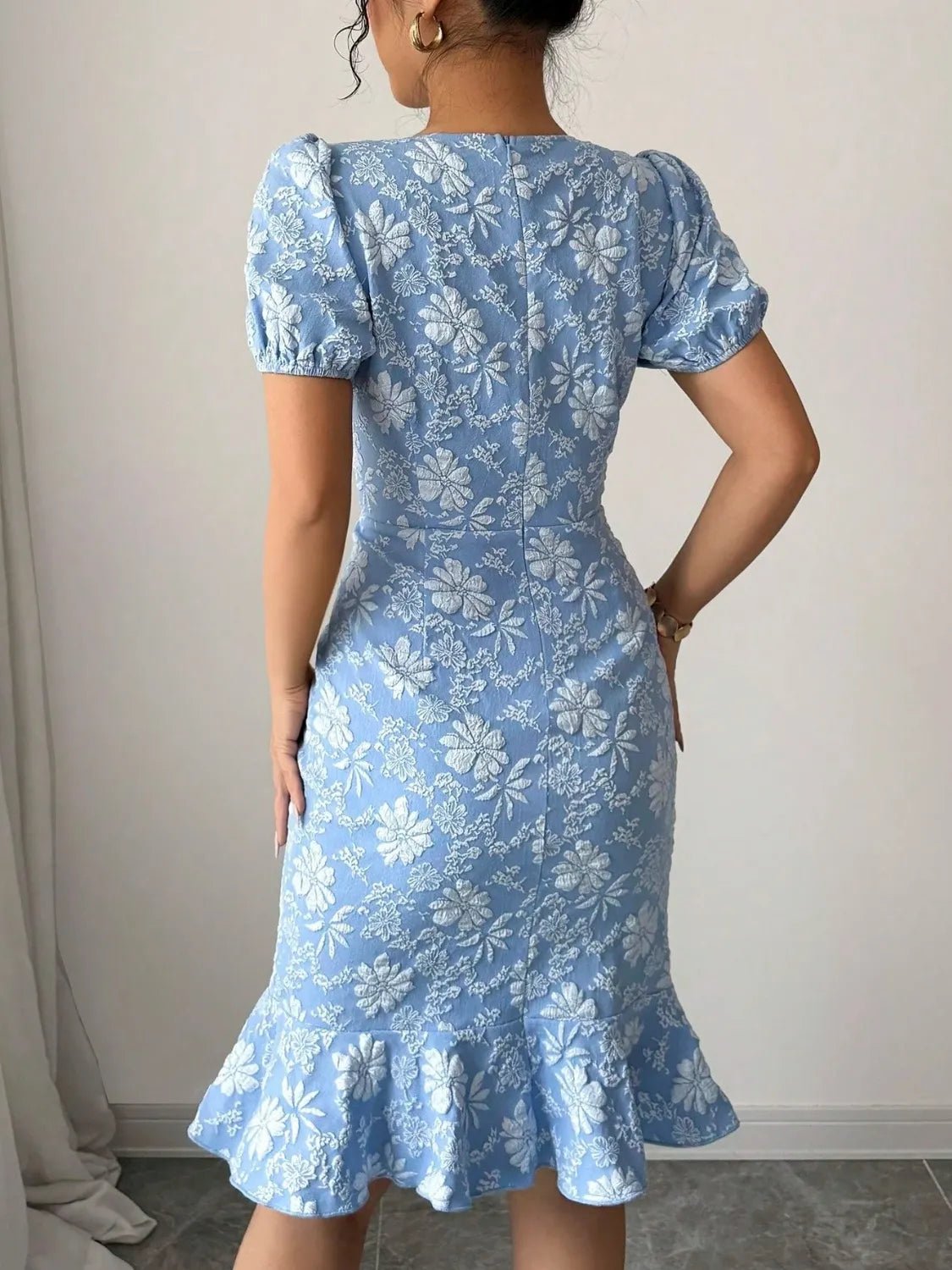 Ruffled Hem Flower Round Neck Short Sleeve Dress - adritiX