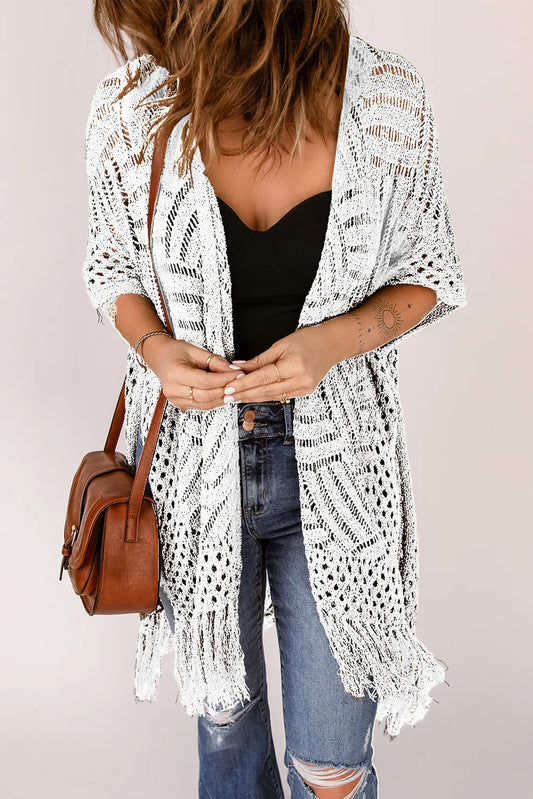 Openwork Open Front Cardigan with Fringes - adritiX