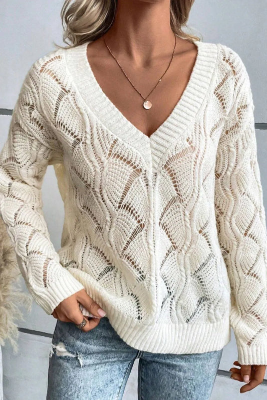 Openwork V-Neck Long Sleeve Sweater - adritiX