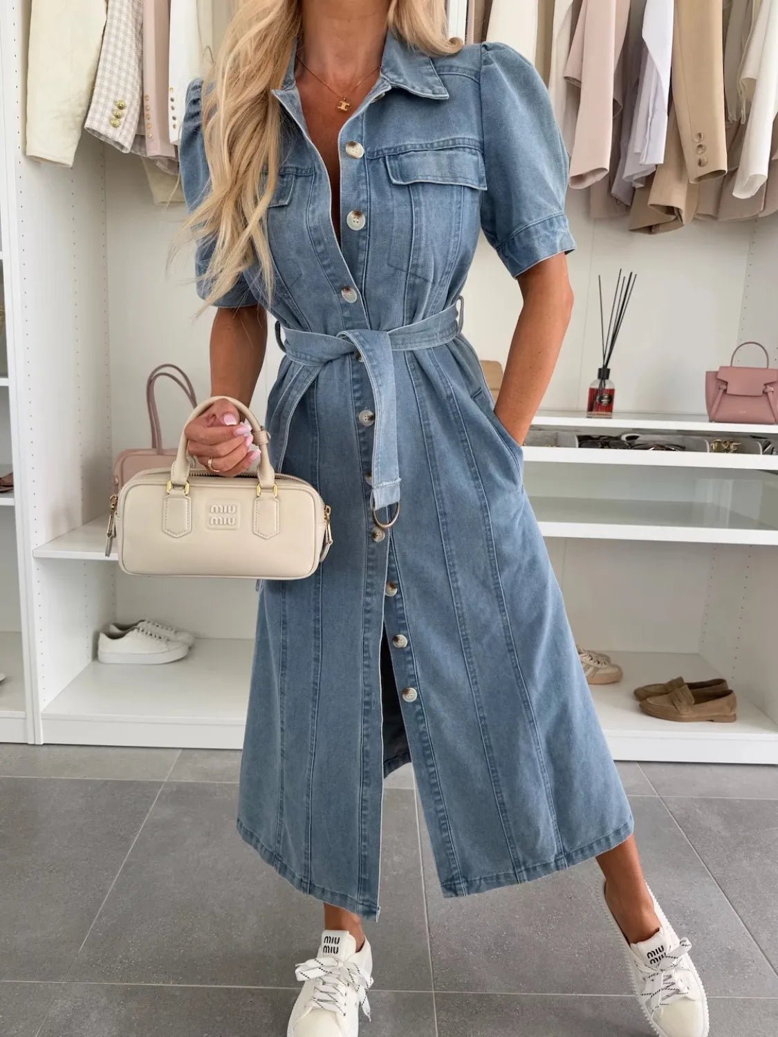 Puff Sleeve Button Down Belted Denim Midi Dress - adritiX