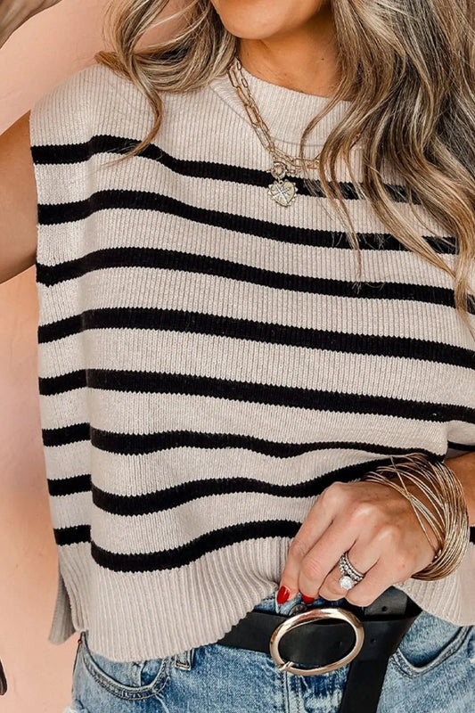Striped Round Neck Knit Vest - adritiX