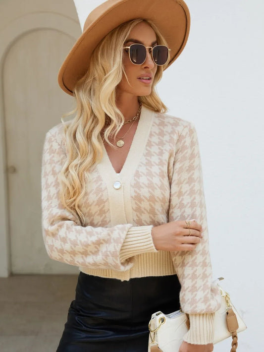Houndstooth Button Up Long Sleeve Cardigan - adritiX