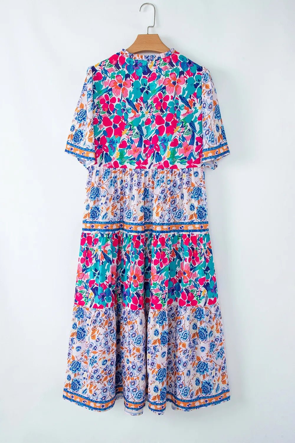 Mixed Floral Print Tie Neck Short Sleeve Dress - adritiX