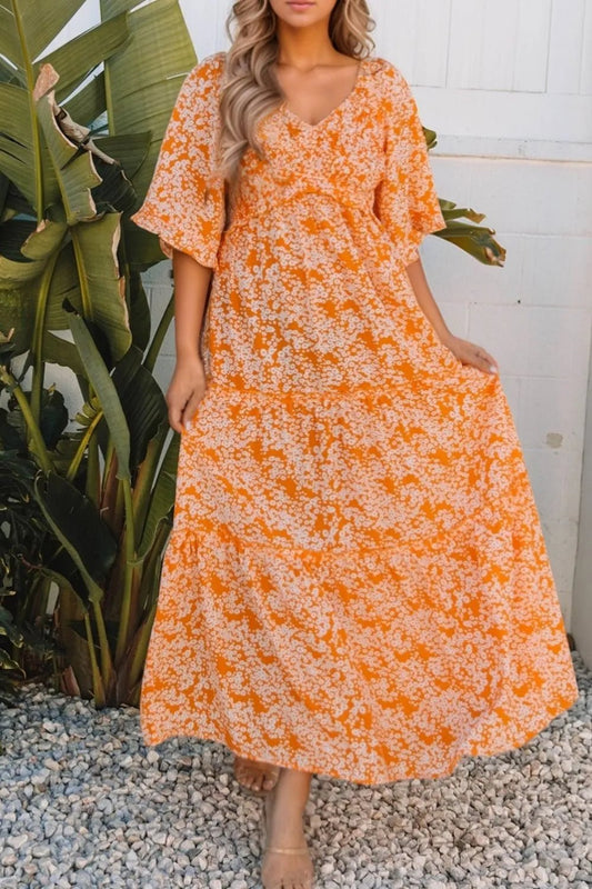 Floral Print Smocked V Neck Wide Sleeve Maxi Dress - adritiX