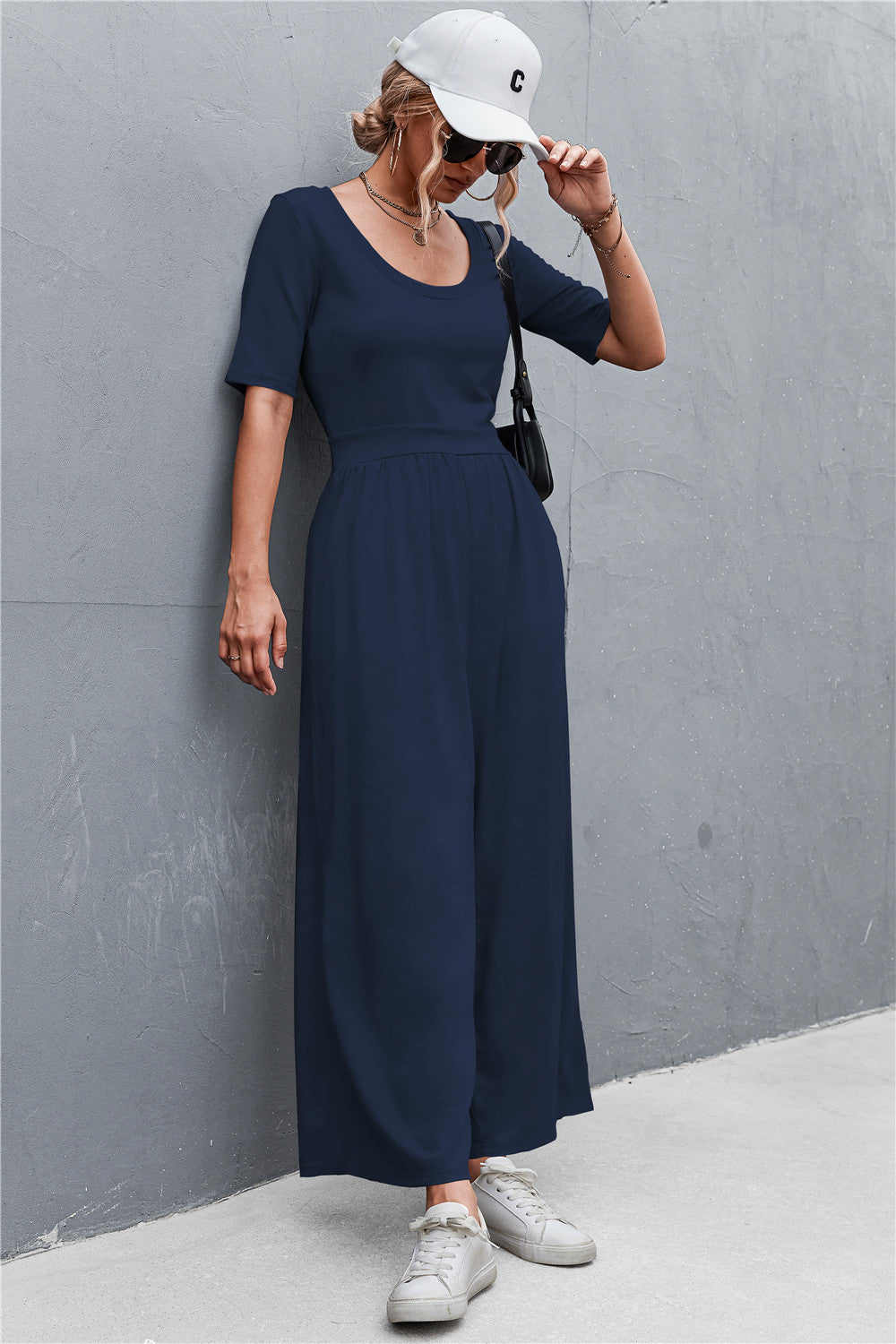 Elegant Scoop Neck Half Sleeve Wide Leg Jumpsuit - adritiX