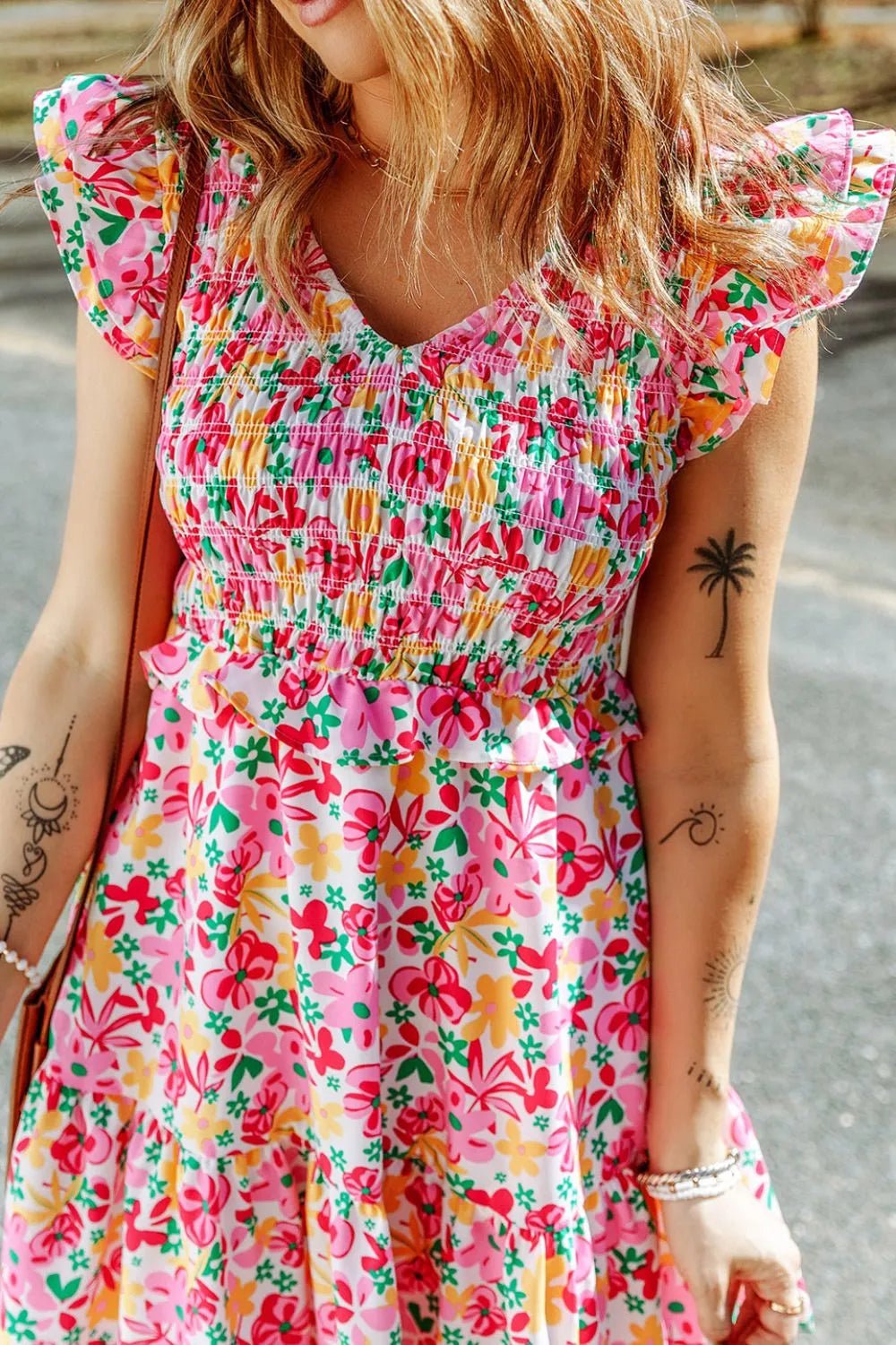 Smocked Floral V-Neck Ruffled Cap Sleeve Dress - adritiX