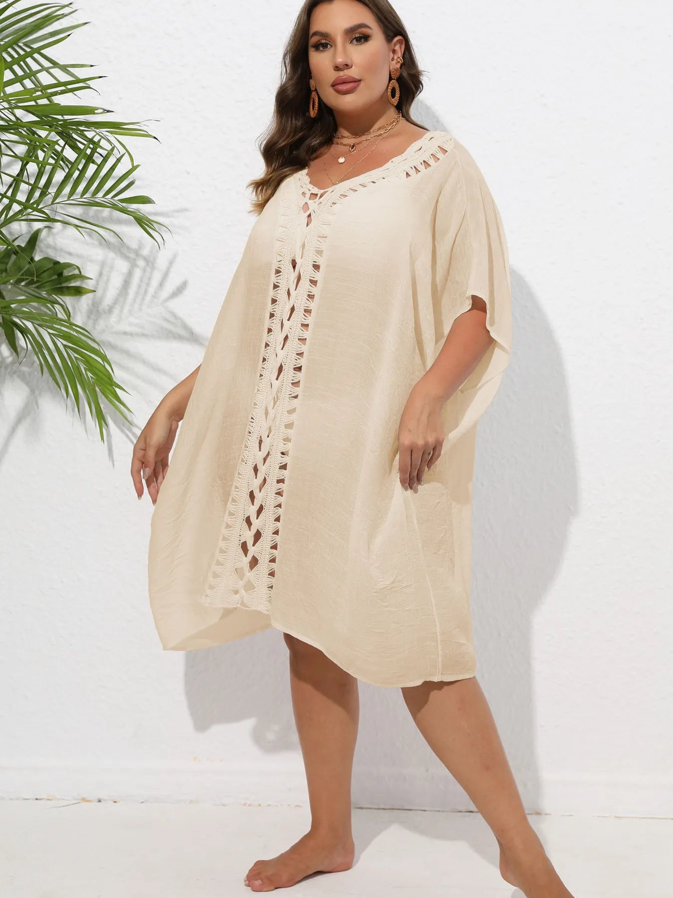 Crochet Trim V-Neck Beach Cover Up Dress - adritiX