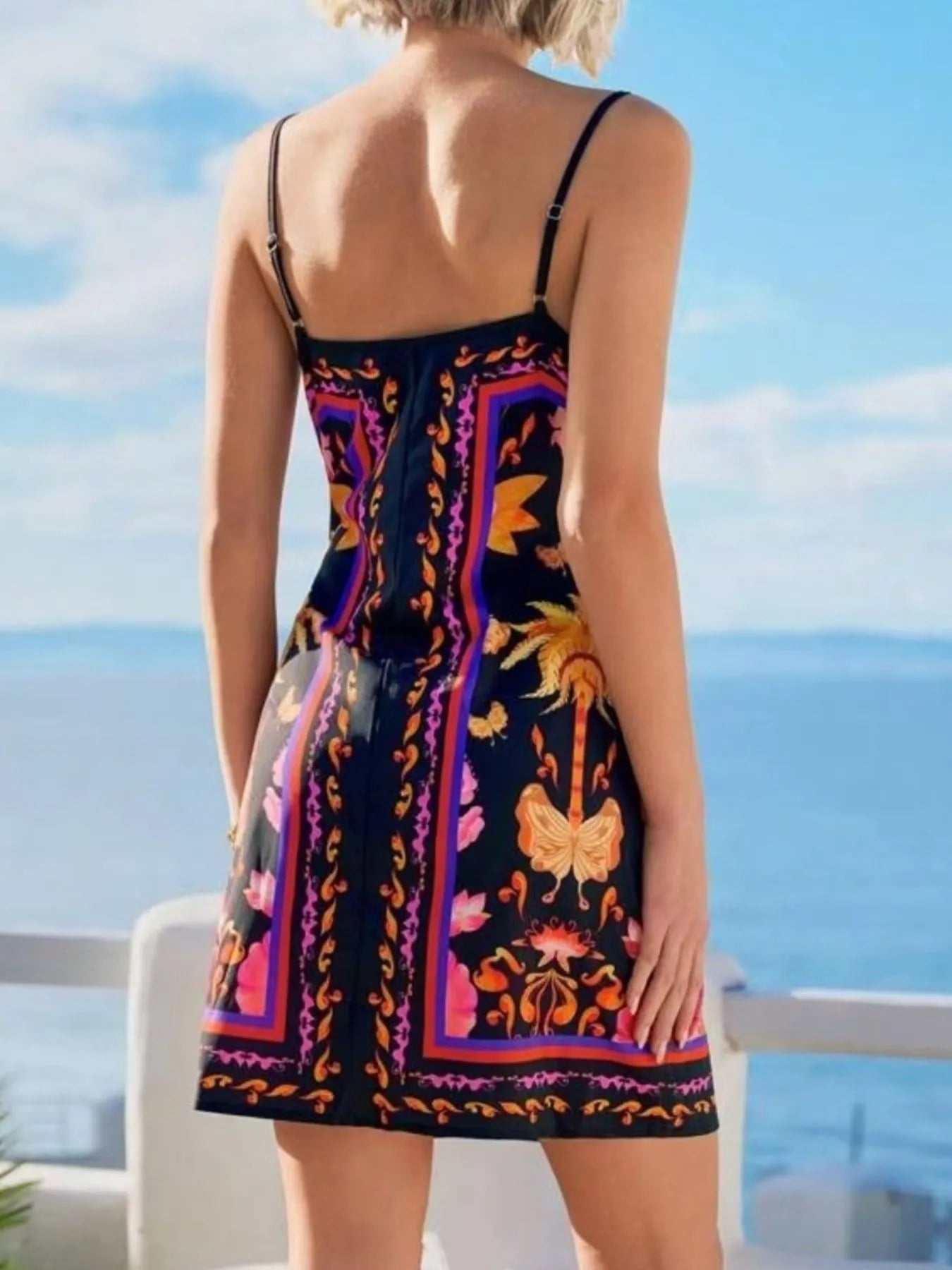 Elegant Floral Print Spaghetti Strap Wrap Mini Dress - adritiX