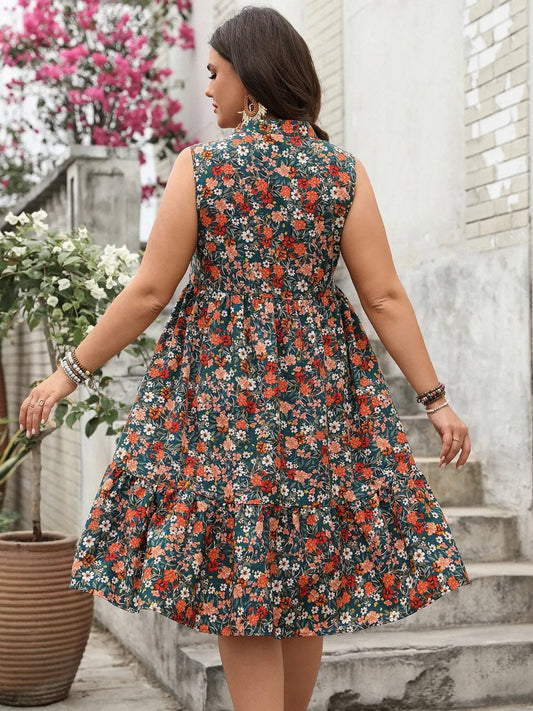 Plus Size Floral Notched Sleeveless Dress - adritiX
