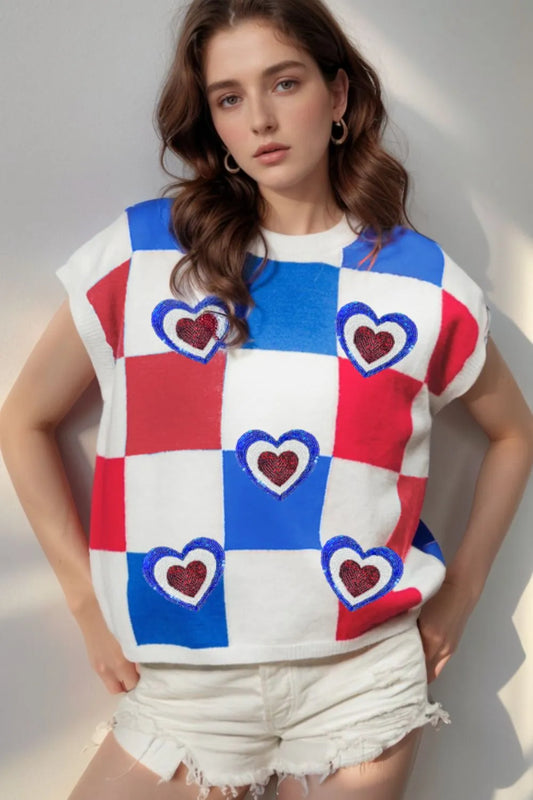 Sequin Heart Color Block Round Neck Knit Top - adritiX