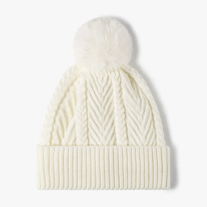 Cable Knit Solid Color Hat with Pompom - adritiX
