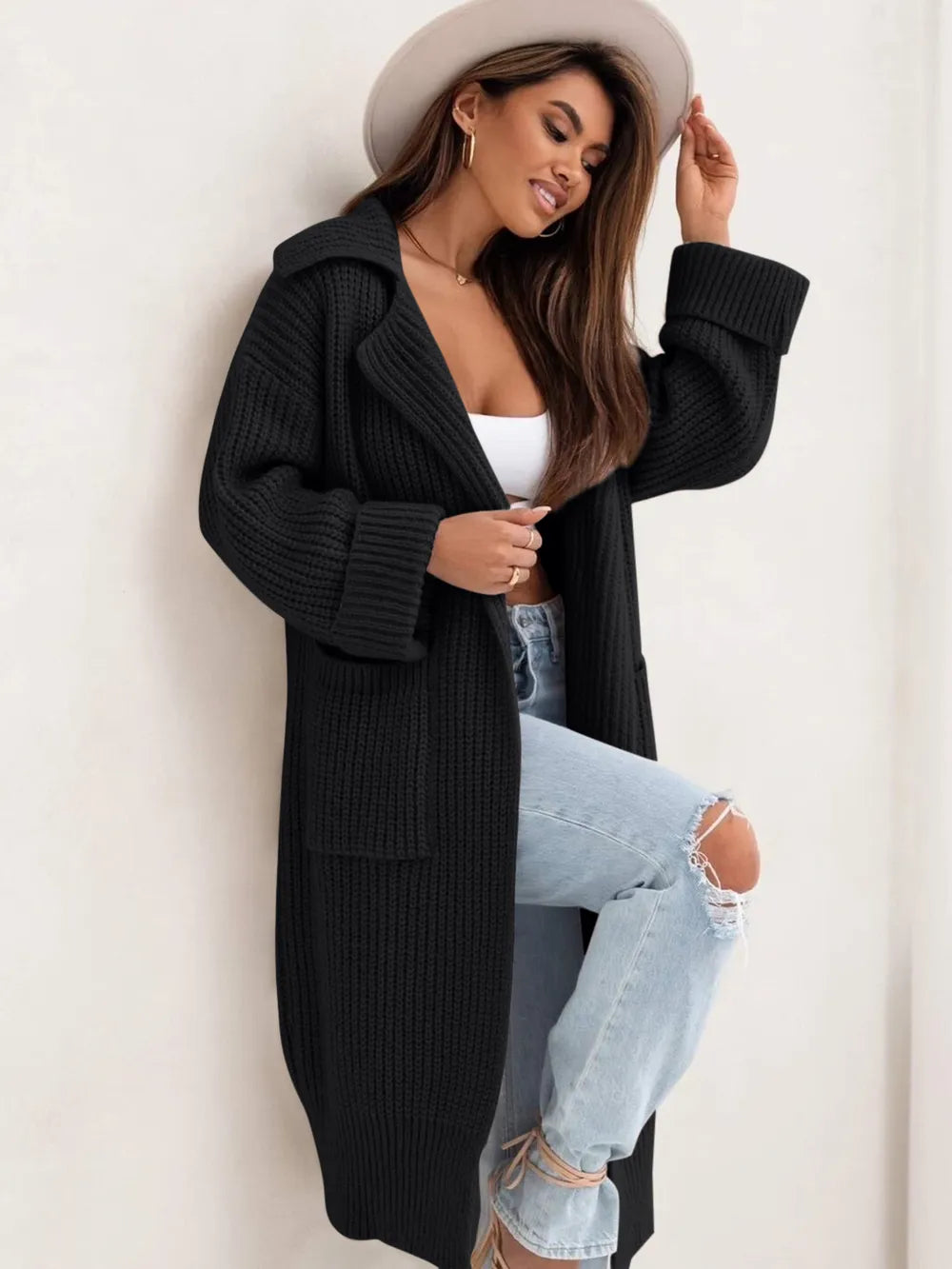 Pocketed Collared Neck Dropped Shoulder Cardigan - adritiX