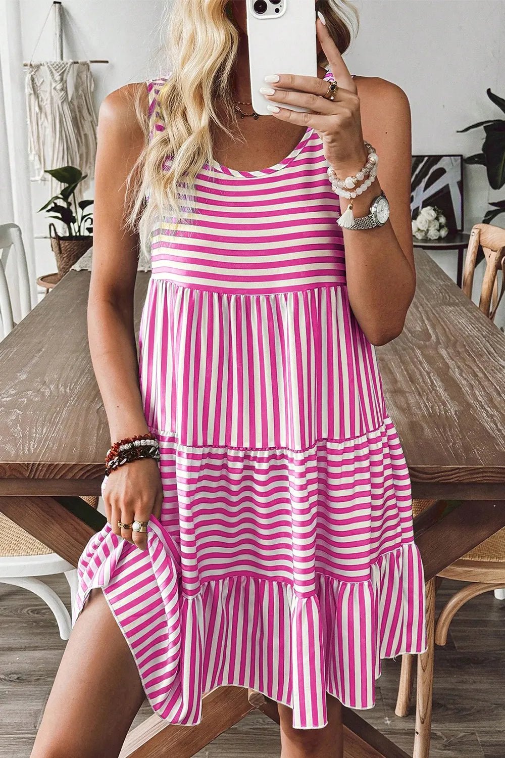 Stripe U Neck Sleeveless Loose Fit Mini Dress - adritiX