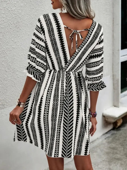 Geometric Print V-Neck Mini Dress - adritiX