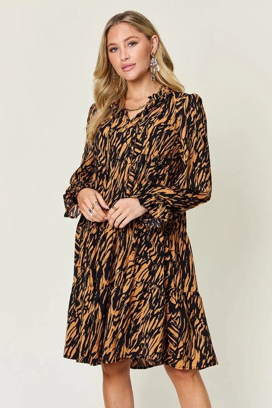 Double Take Full Size Printed Ruffle Hem Long Sleeve Dress - adritiX