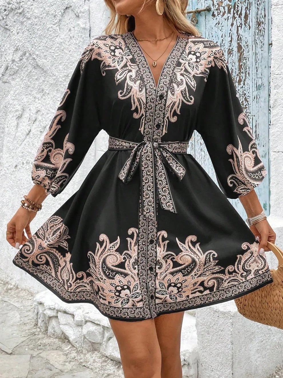 Paisley V-Neck 3/4 Sleeve Mini Dress - adritiX