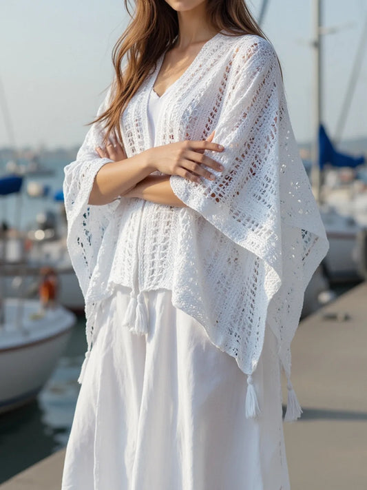 Elegant Openwork Tassel Open Front Knit Cover Up - adritiX