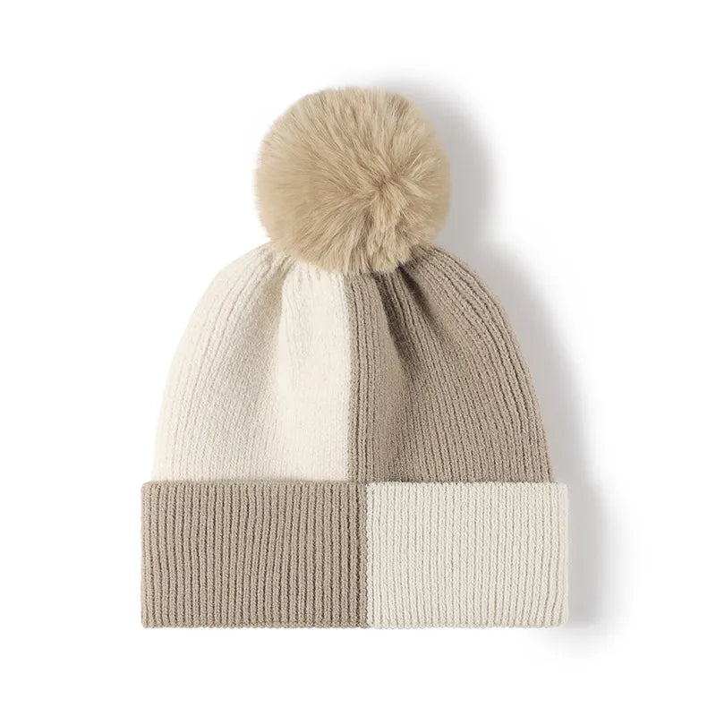 Color Block Knit Hat with Pom-pom - adritiX