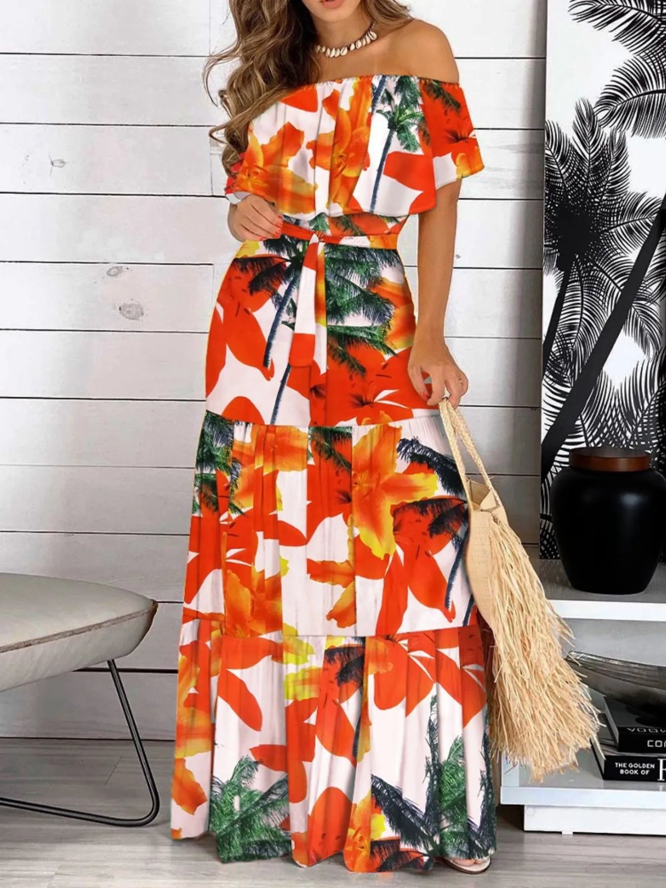 Printed Off Shoulder Maxi Dress - adritiX