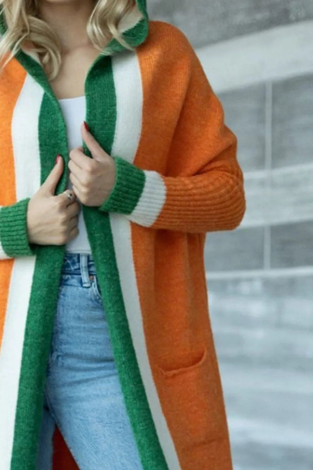 Pocketed Contrast Long Sleeve Hooded Cardigan - adritiX