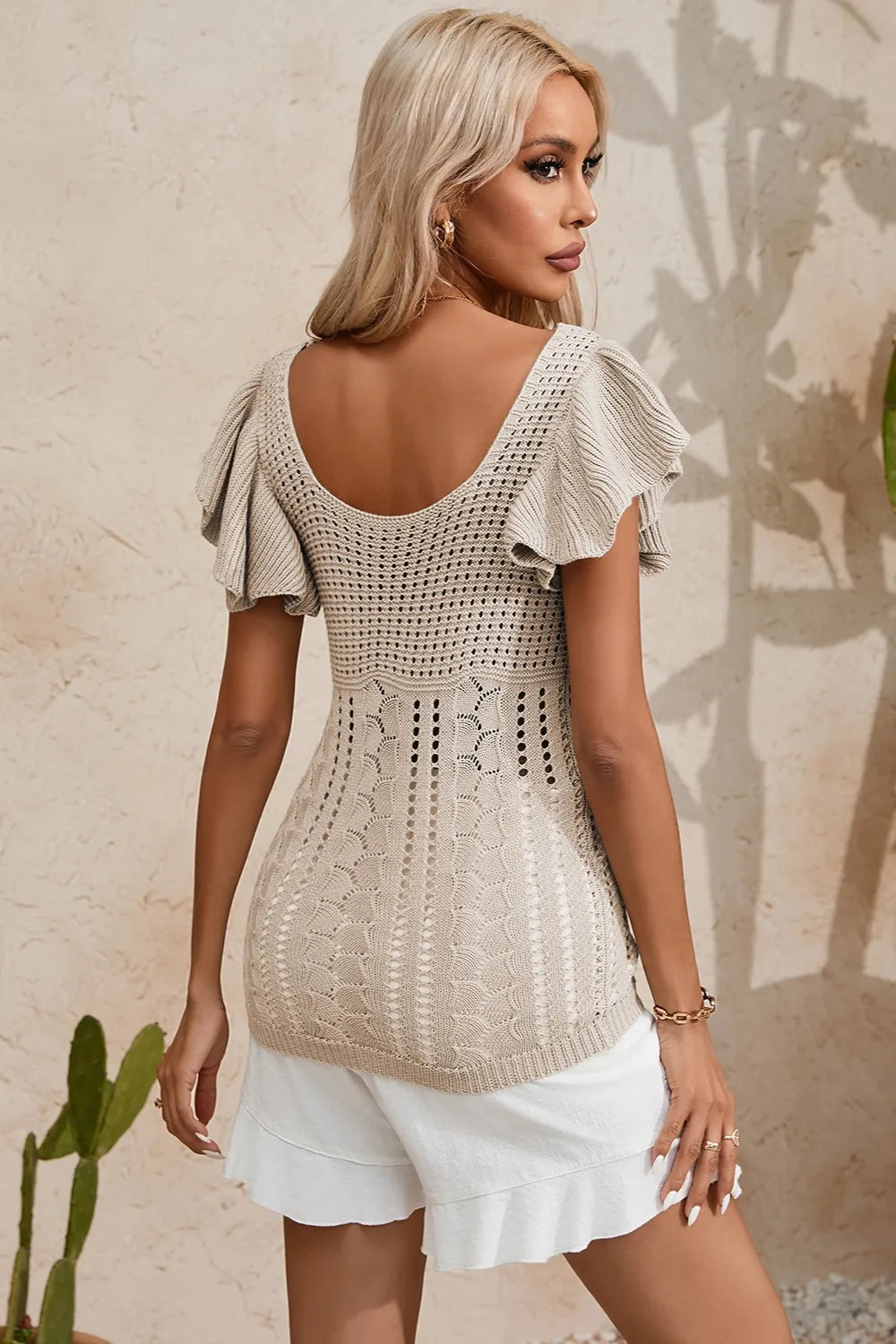 Full Size Openwork Flutter Sleeve Knit Top - adritiX