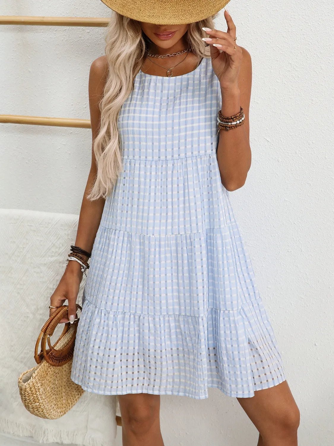Plaid Round Neck Sleeveless Mini Dress - adritiX