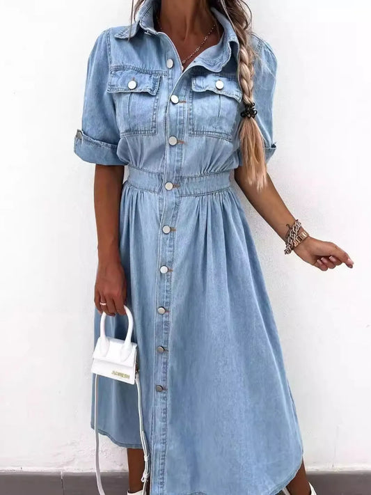 Full Size Button Down Roll-Up Sleeve Denim Shirt Dress Plus Size - adritiX
