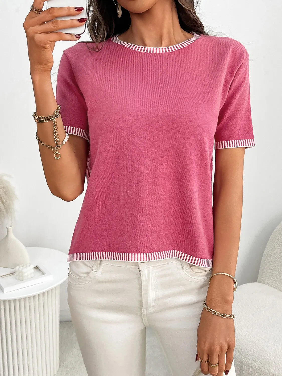 Short Sleeve Round Neck Knit Top - adritiX
