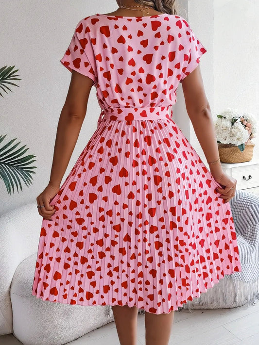 Heart Print Short Sleeve Tie Waist Dress - adritiX