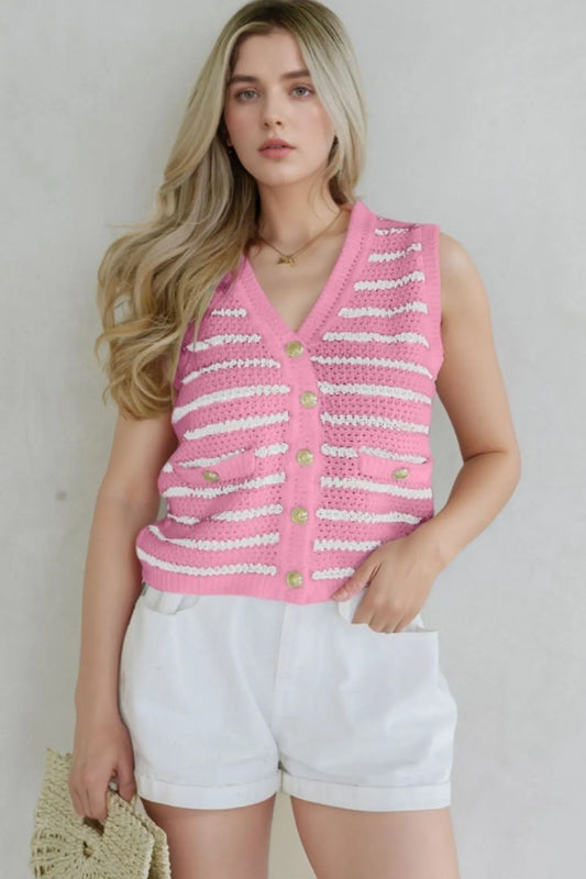 Striped Button-Up Knit Sweater Vest - adritiX