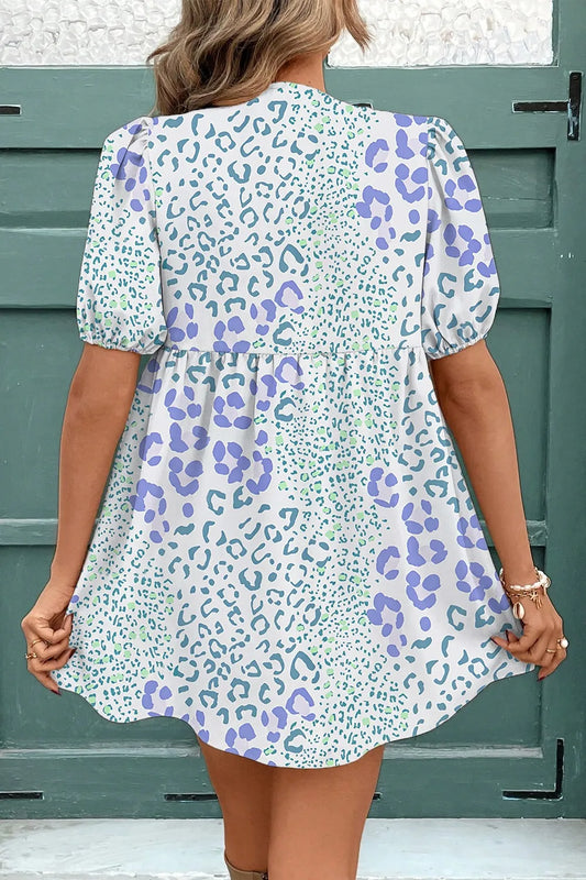 Elegant Leopard Print Bow Front Puff Sleeve Mini Dress - adritiX