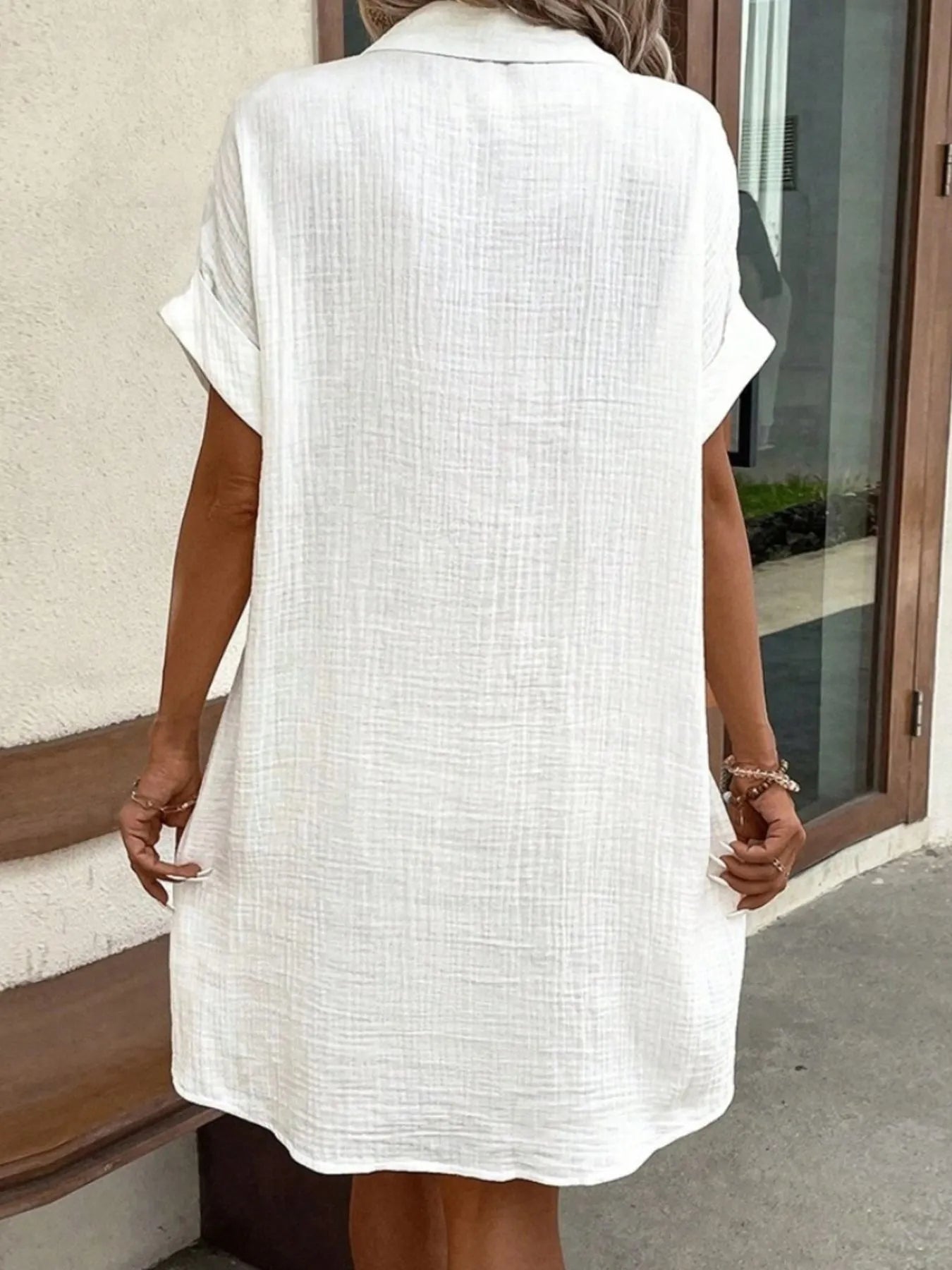 Casual Button Down Cotton Shirt Dress with Pockets - adritiX