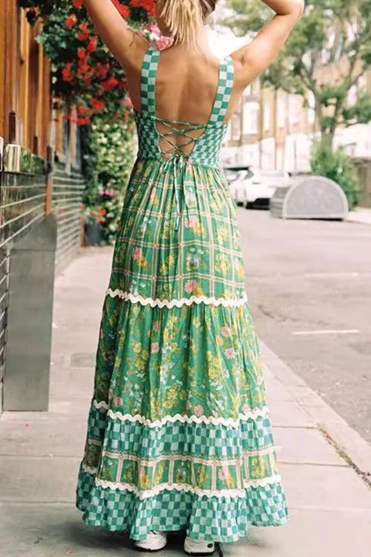 Printed Square Neck Tiered Dress - adritiX